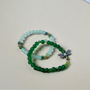Handmade Green Beaded Bracelet Set with Dragon Fly Charm